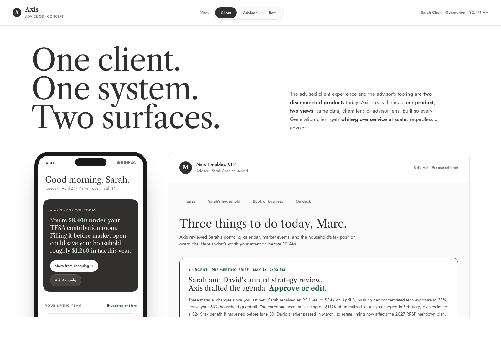 Axis demo: client and advisor surfaces