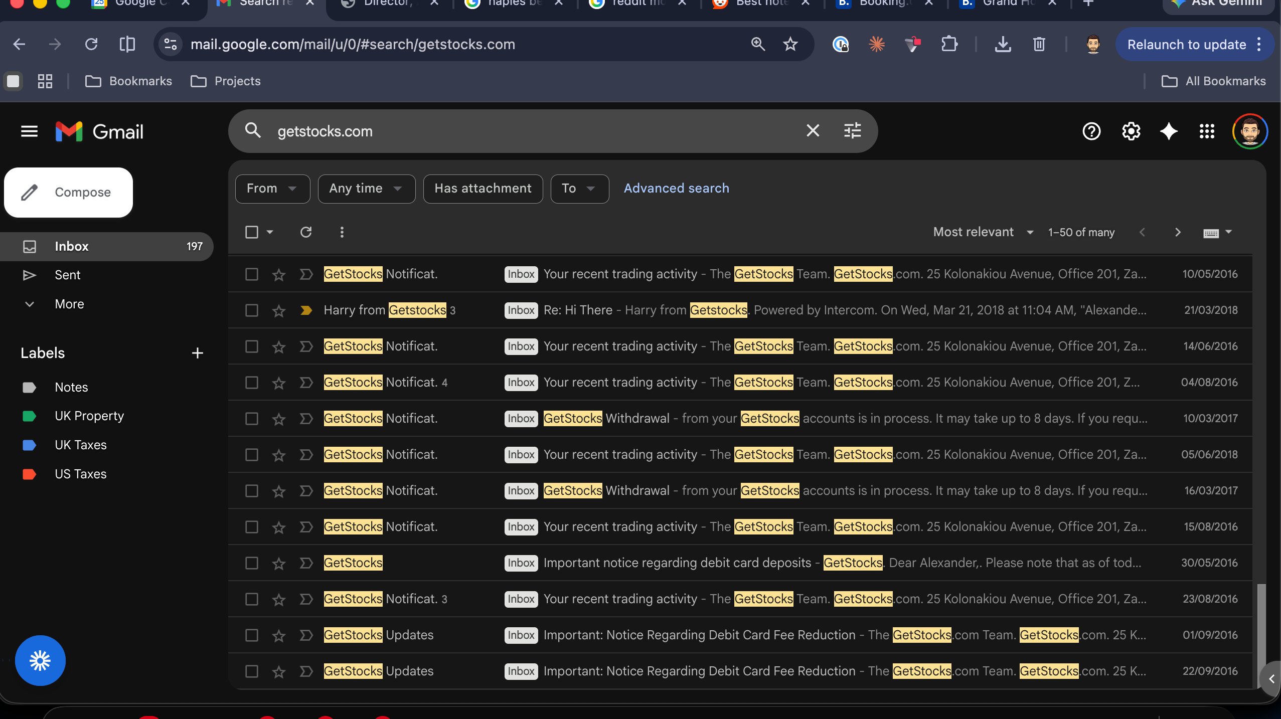Gmail search results showing emails from getstocks.com dating back to 2016